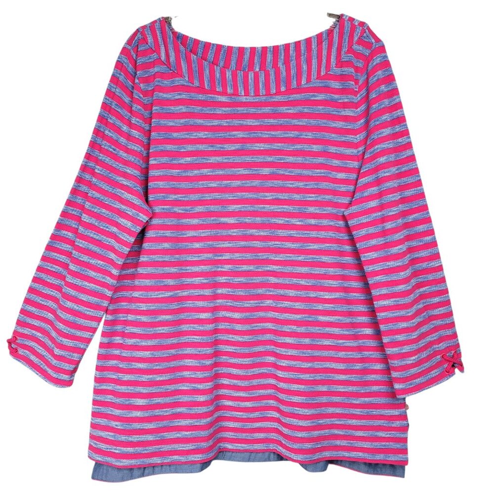 Talbots Top Women's XL Fuchsia Blue Striped Boatneck Cotton Nautical Coastal